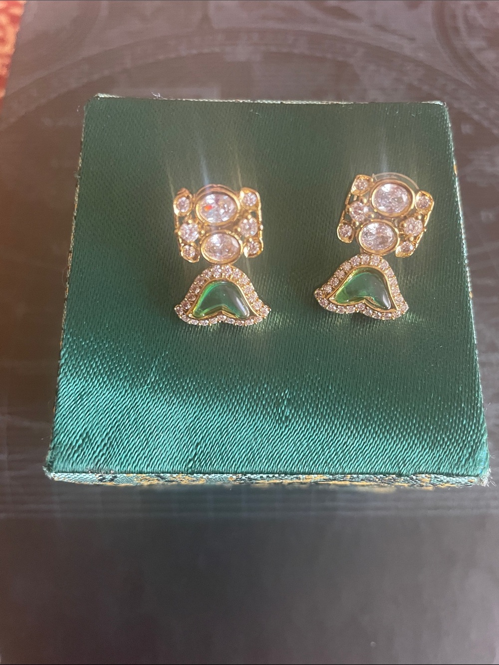 Gold-Tone Drop Earrings with Green Accents and Clear Crystals